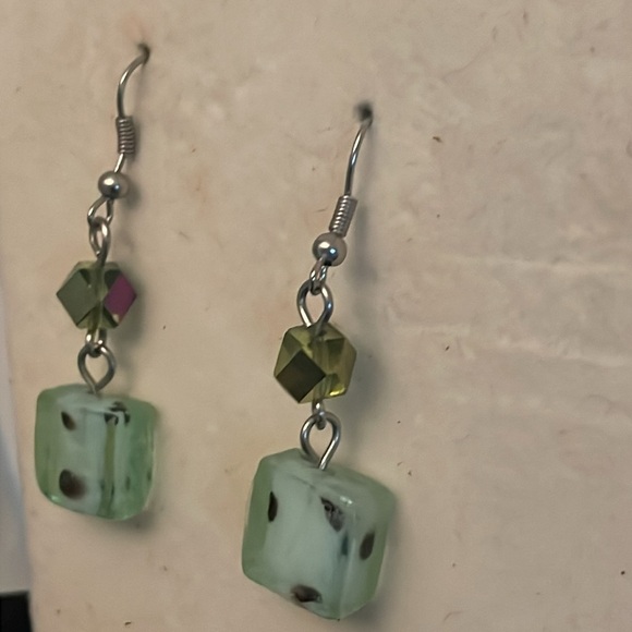 2” silver tone dangle drop earrings with teal green resin dice dangles on wires - Picture 5 of 12